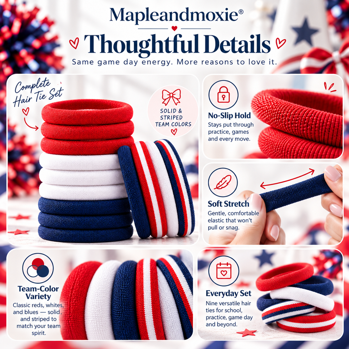 Mapleandmoxie® No-Slip Cheer Hair Tie Set